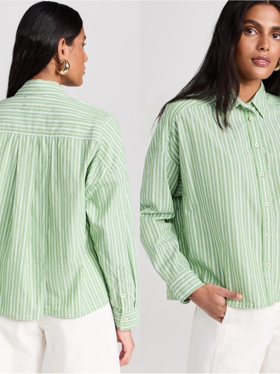 XiRENA Tops - XiRENA Green and White Striped Button-Up Shirt